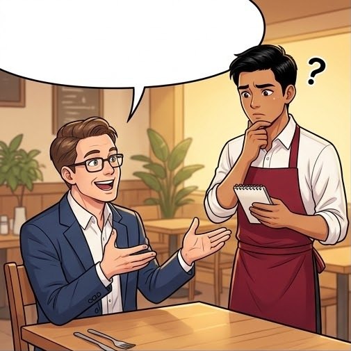 Client asks the waiter for a delicious tom yum; the waiter looks puzzled