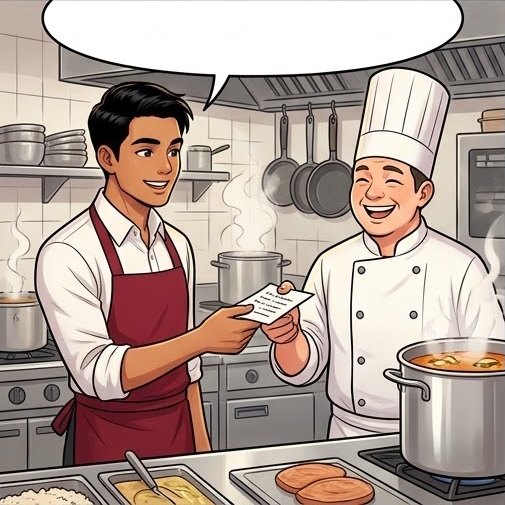 Waiter hands a written order ticket to the smiling chef