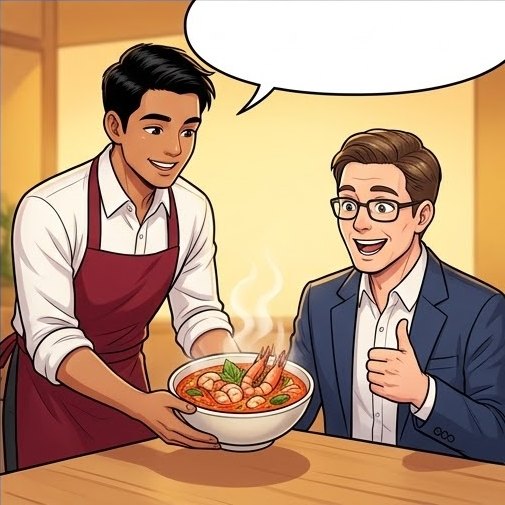 Waiter serves the tom yum and the client gives a thumbs up